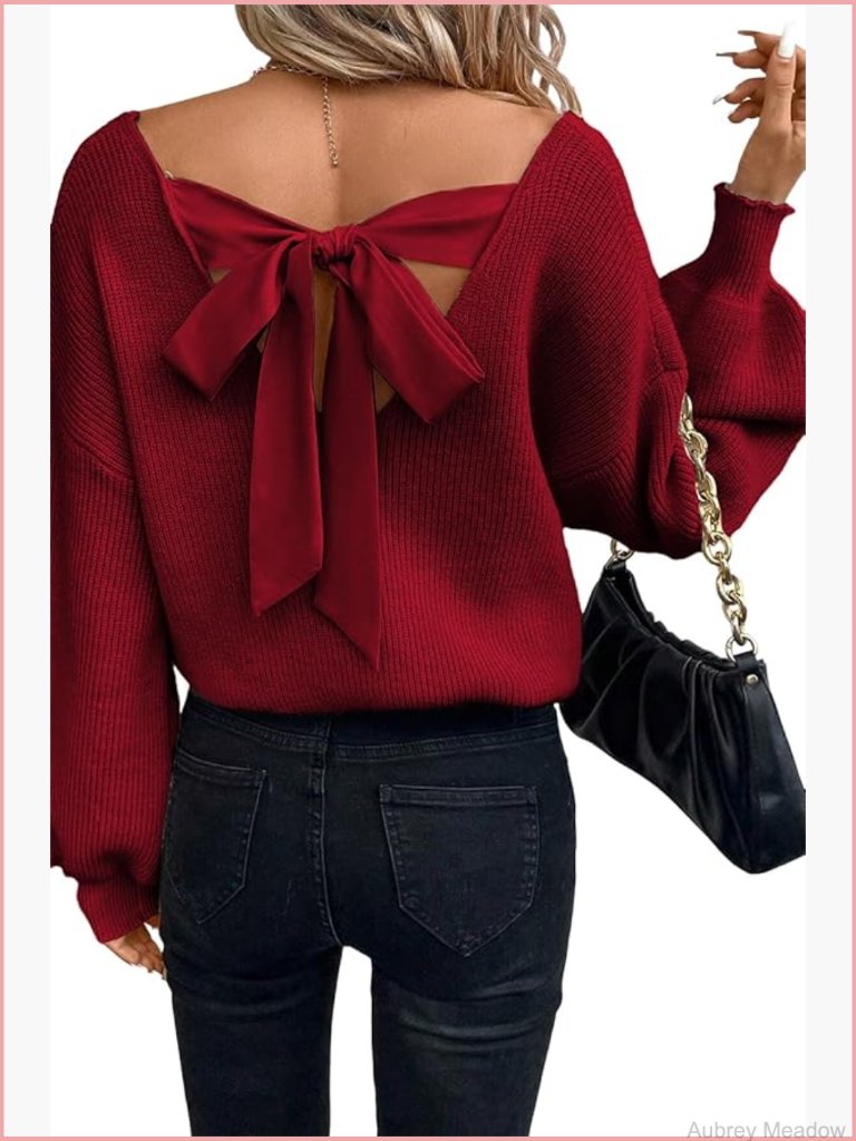 Off Shoulder Bow Back Sweater V Neck Knit Pullover Long Sleeve Drop Shoulder